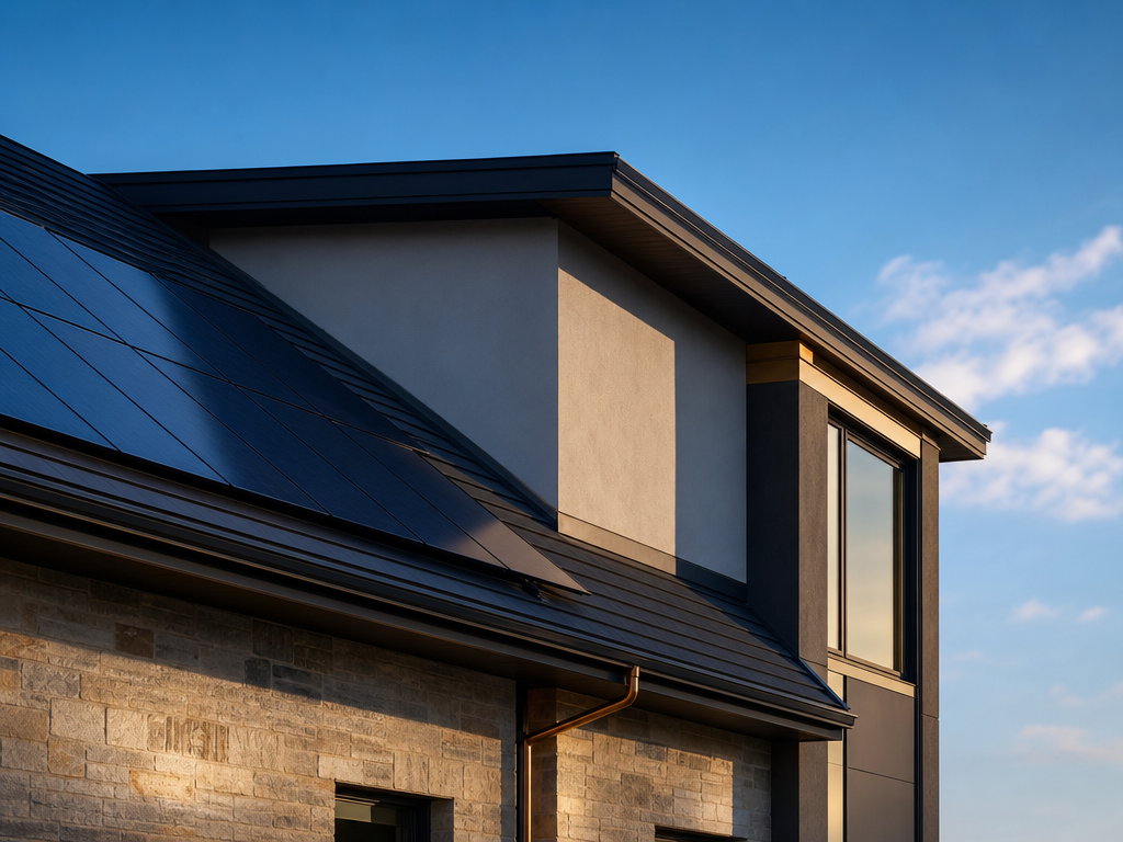 Solar panels meeting a modern residential roofline in warm light